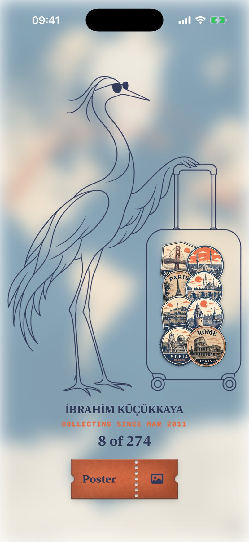 The suitcase covered in labels