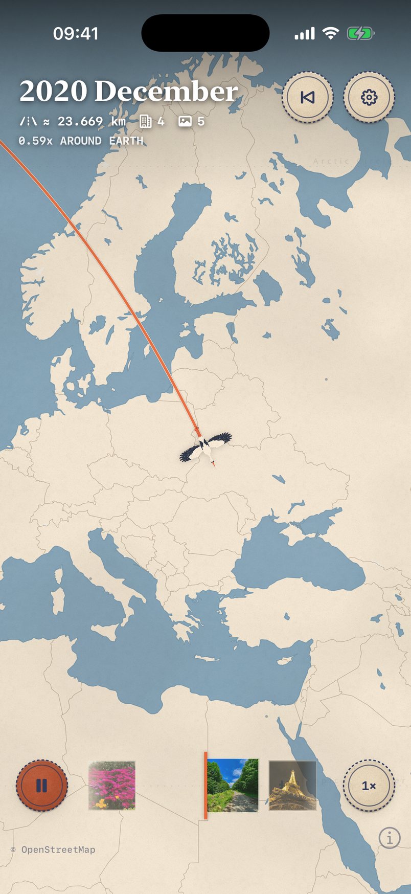 The stork crossing Europe over a hand-drawn map